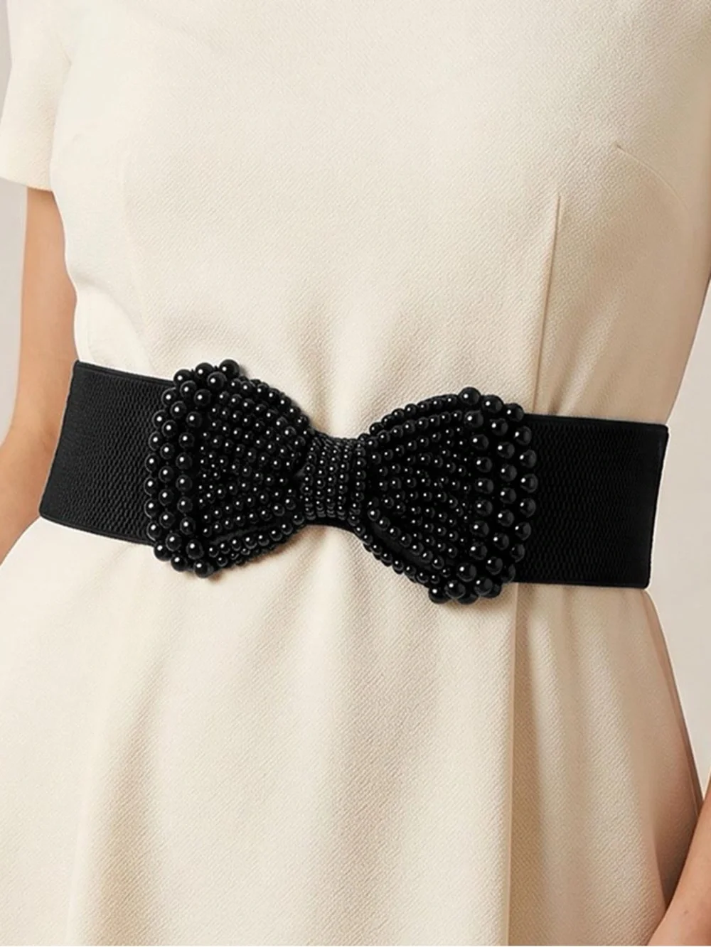 Pearl Bow Elastic Waist Belt - Cream